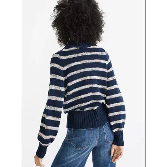 Madewell Striped Metcalf Chunky Knit Crew Neck Sweater Balloon Sleeve Navy Blue - Picture 2 of 10